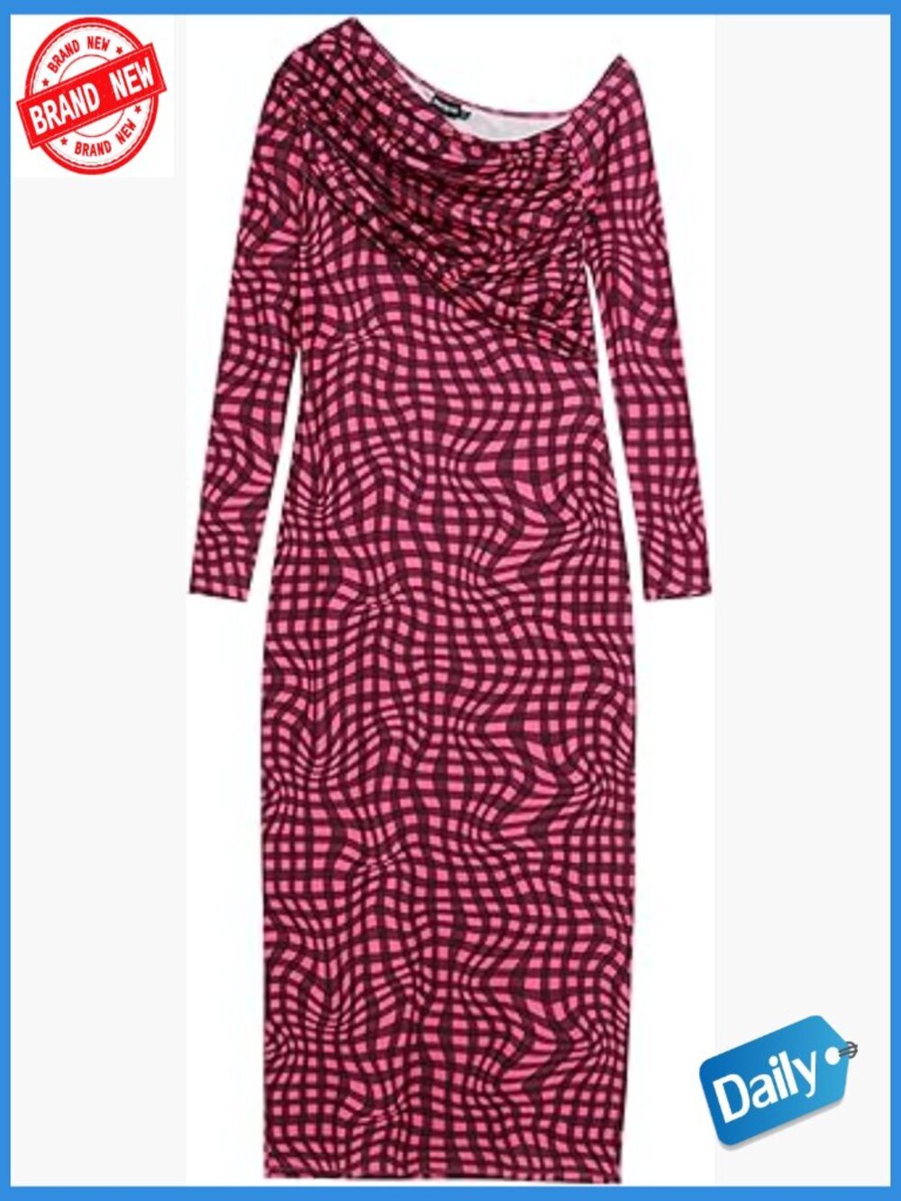 Psychedelic Checkered Midi Dress Long Sleeve Crew Neck Zip